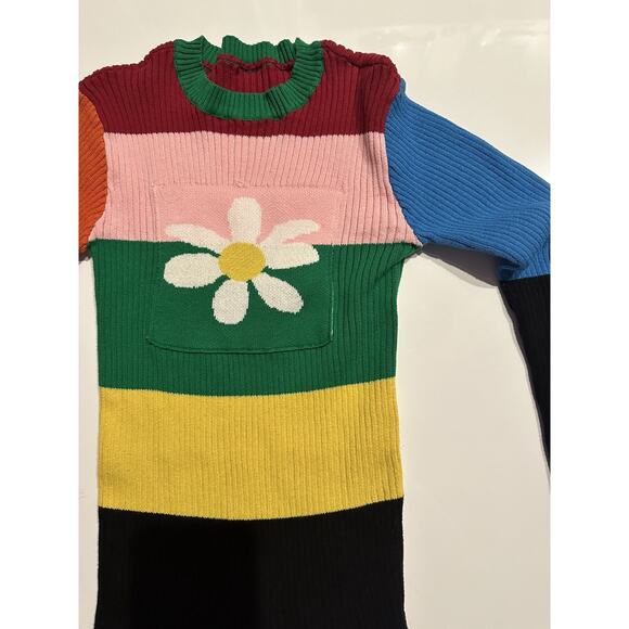 Rainbow Striped Daisy Jacket Flower Knitted Stretch Pocket Multicolor Sweater Sm - Picture 3 of 10